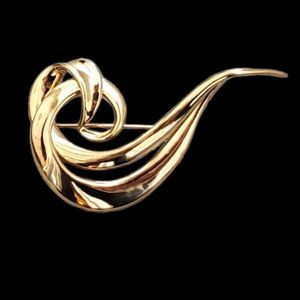 Abstract Double Swirl Artsy Gold Tone Brooch